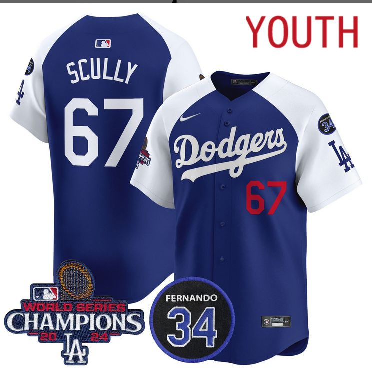 Youth  MLB Los Angeles Dodgers #67 Scully blue 2024 World Series Champions Patch Limited Jersey